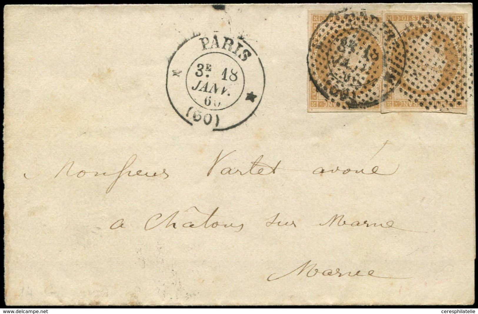 Let LETTRES DE PARIS - N°13A (2) Obl. ROND De POINTS 3306 S. LSC, Càd T1355 * PARIS * 18/1/60, TB - 1849-1876: Classic Period