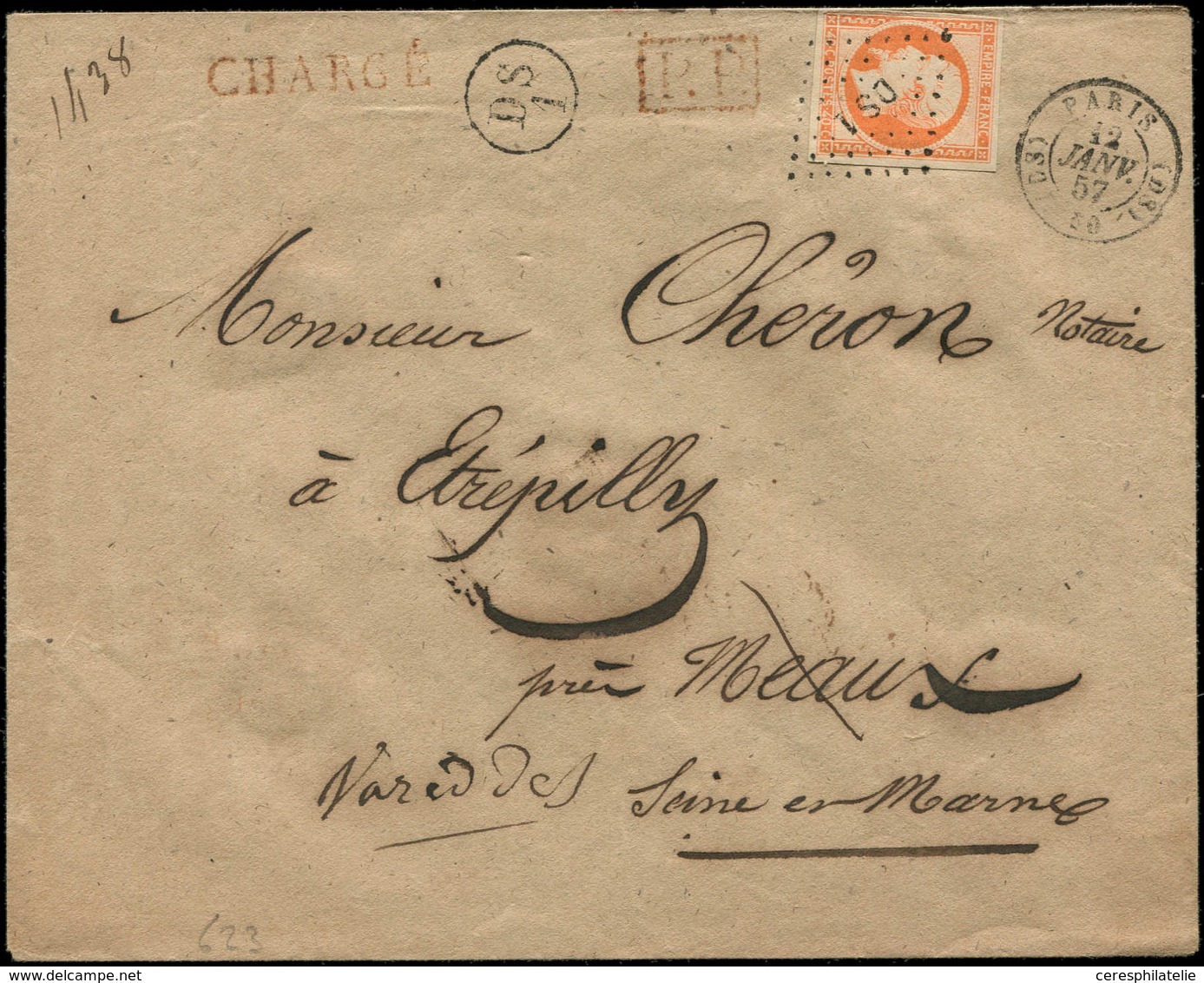 Let LETTRES DE PARIS - N°16 Obl. Los DS1 S. Env. CHARGE, Càd (DS) PARIS (DS) 15/1/57, Cachet Rond DS1, TB - 1849-1876: Classic Period