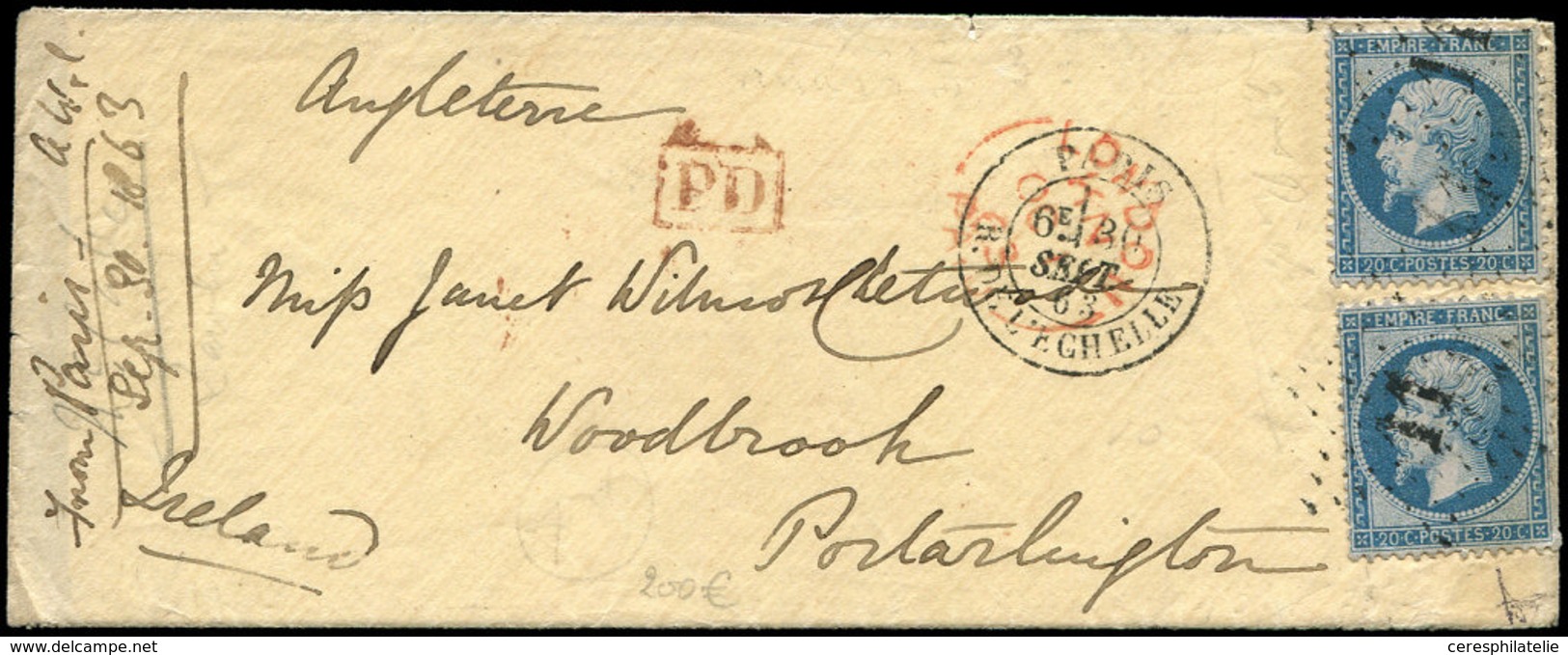 Let LETTRES DE PARIS - N°22 (2 Dont 1 Déf.) Obl. Etoile 11 Sur Env., Càd R. De L'ECHELLE 30/9/63 (ind. 19), Arr. En ANGL - 1849-1876: Periodo Classico