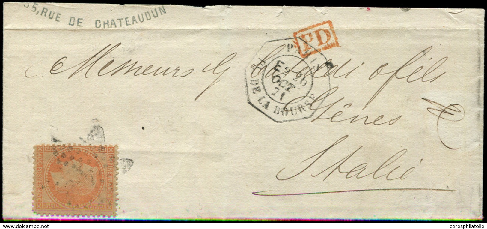 Let LETTRES DE PARIS - N°31 Obl. Etoile 1 S. LSC Incomplète, Càd Octog. LEX PL. De La BOURSE E2 26/10/71, Pour L'ITALIE, - 1849-1876: Classic Period