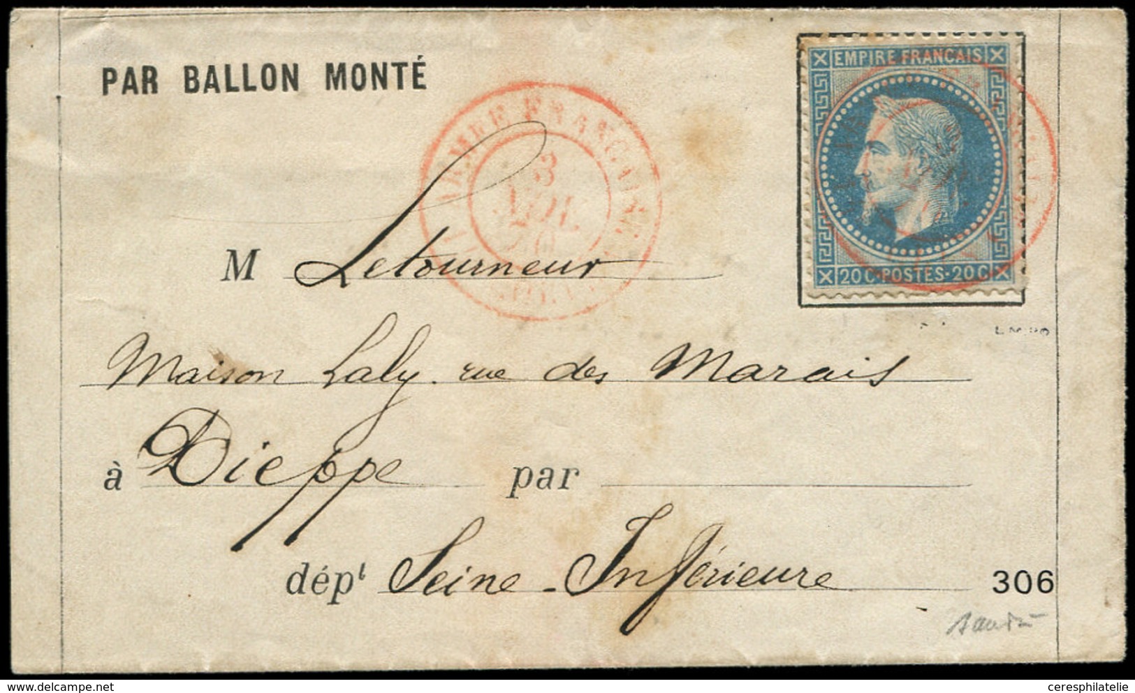 Let BALLONS MONTES - N°29B Obl. Càd ARMEE FRANCAISE 14e CORPS En Rouge Et Répété à Côté 3/11/70 S. LSC Formule, Arr. DIE - War 1870