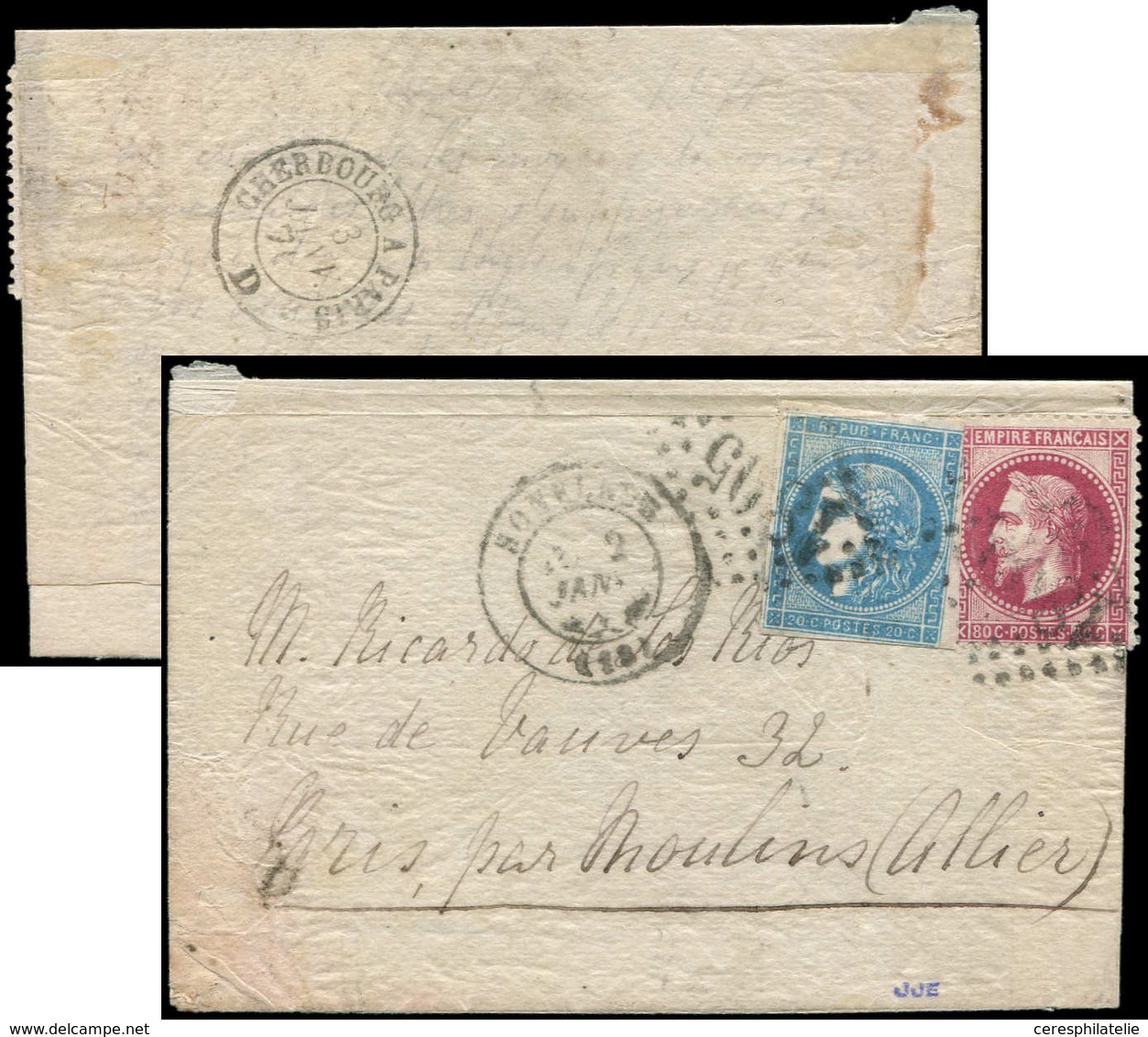 Let Boules De Moulins -  N°32 Et 45C Obl. GC 1805 S. LAC, Càd T17 HONFLEUR 2/1/71, Pour Paris Par Moulins, Au Verso Càd  - Guerra Del 1870