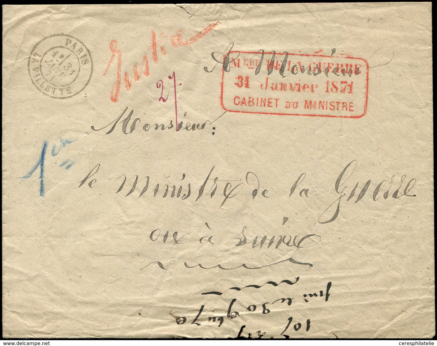 Let Guerre De 1870 -  Càd PARIS LA VILLETTE 31/1/71 S. Env., Cachet Rouge Mère DE LA GUERRE/31 JANVIER 1871/CABINET DU M - Guerra Del 1870