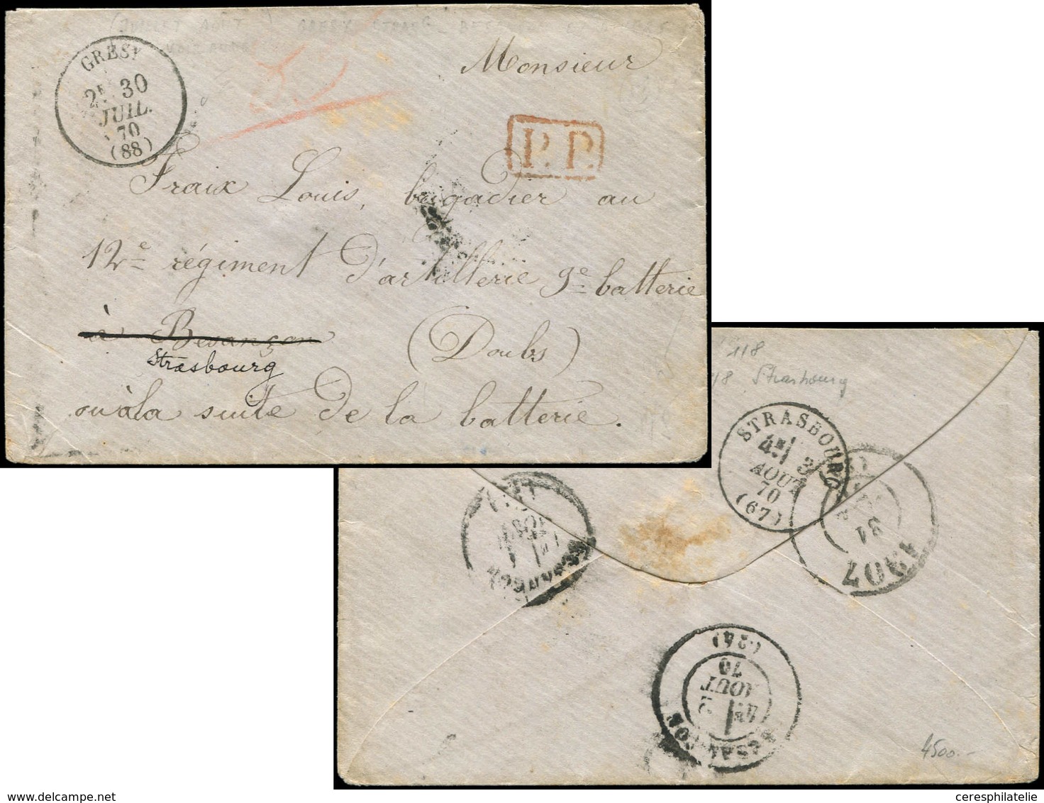 Let Guerre De 1870 -  Càd T16 GRESY 30/7/70 S. Env., Cachet P.P. Pour BESANCON, Réexp. à Strasbourg, TB - Guerra Del 1870