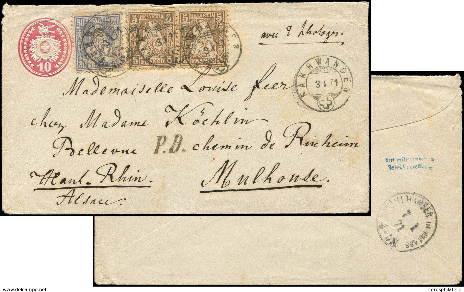 Let Guerre De 1870 -  Env. Entier Suisse Affr. 5r. (2) Et 30r. Obl. FAHRWANGEN 3/1/71, Arr. MUHLHAUSEN Im Elsass Le 7/1  - War 1870