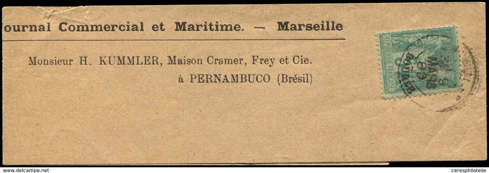 Let DESTINATIONS - N°75 Obl. Càd Marseille Bourse S. Bande Du Journal Commercial Et Maritime Pour PERNAMBUCO, TB - 1849-1876: Classic Period