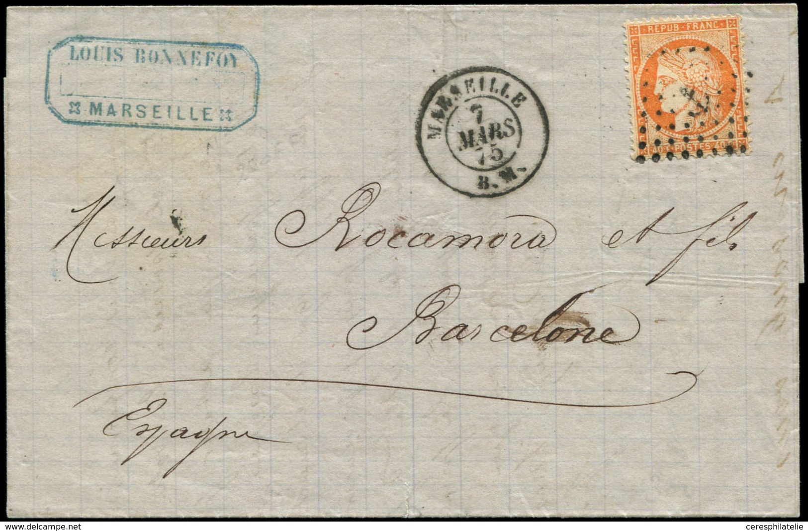 Let DESTINATIONS - N°38 Obl. ANCRE S. LAC, Càd MARSEILLE B.M. 7/3/75, Arr. BARCELONA, TTB - 1849-1876: Classic Period