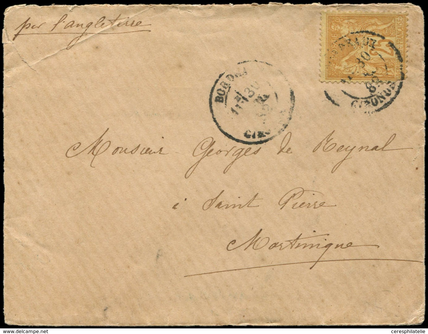 Let DESTINATIONS - N°92 Obl. Càd Bordeaux S. Env. Pour St PIERRE Martinique, 1883, TB - 1849-1876: Classic Period