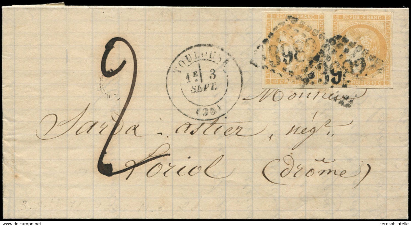 Let AFFRANCHISSEMENTS DE SEPTEMBRE 1871 - N°43B PAIRE Obl. GC 3982 S. LAC, Càd T17 TOULOUSE 3/9/(71) Et Taxe 2, R Et TB - 1849-1876: Classic Period