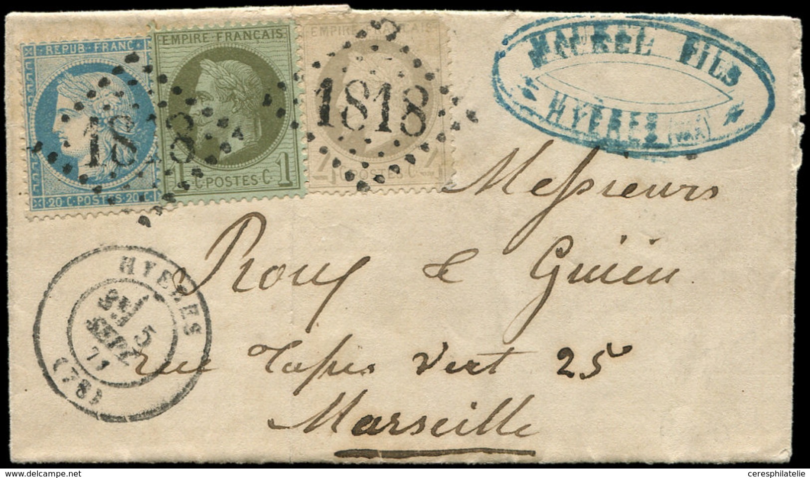 Let AFFRANCHISSEMENTS DE SEPTEMBRE 1871 - N°25, 27 Et 37 Obl. GC 1818 S. LAC, Càd T17 HYERES 5/9/71, TB - 1849-1876: Classic Period