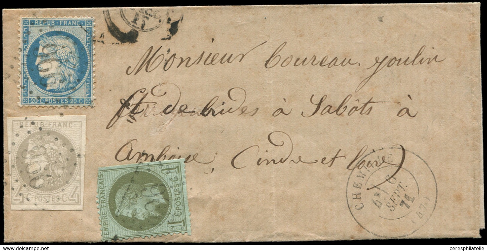 Let AFFRANCHISSEMENTS DE SEPTEMBRE 1871 - N°25, 37 Et 41B Obl. GC 996 S. LSC, Càd T17 CHEMILLE 6/9/71, TB/TTB - 1849-1876: Classic Period