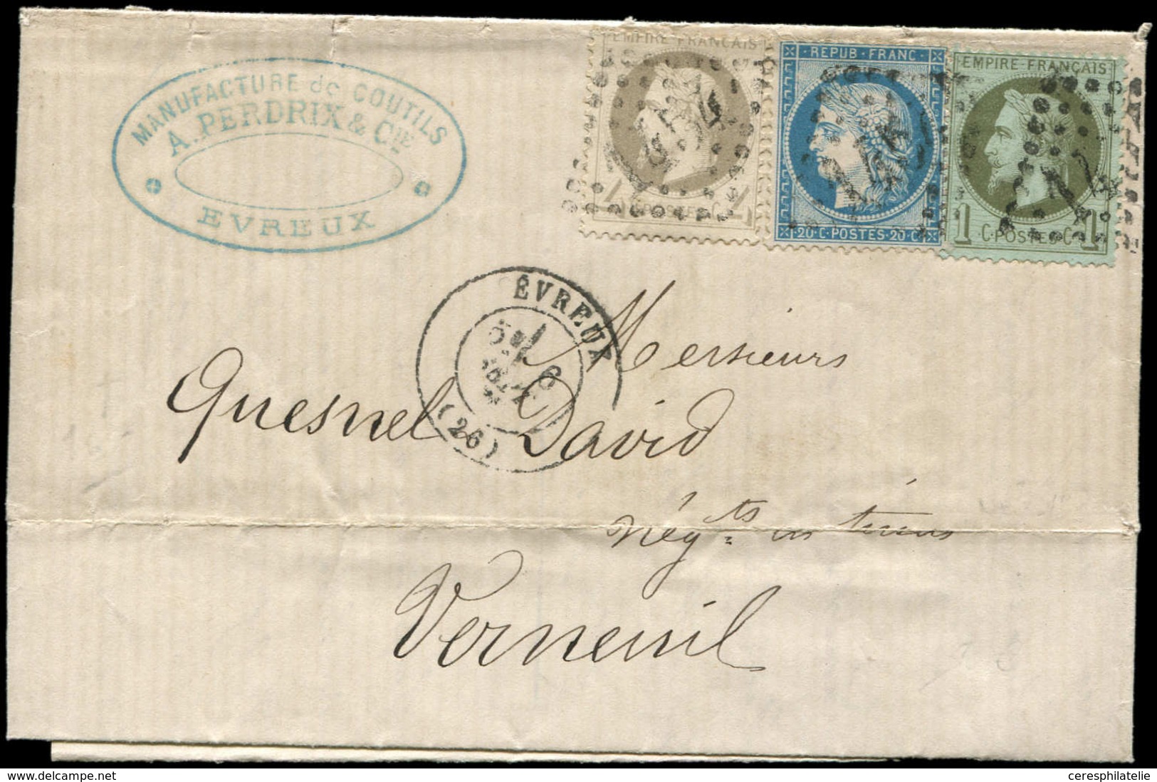 Let AFFRANCHISSEMENTS DE SEPTEMBRE 1871 - N°25, 27 Et 37 Obl. GC 454 S. LAC, Càd T17 EVREUX 6/9/71, TB - 1849-1876: Classic Period