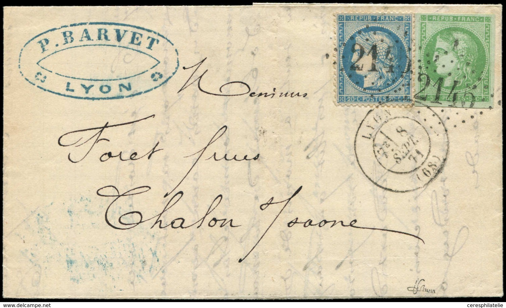 Let AFFRANCHISSEMENTS DE SEPTEMBRE 1871 - N°37 Et 42B Obl. GC 2145 S. LAC, Càd T17 LYON 8/9/71, Superbe. J - 1849-1876: Classic Period