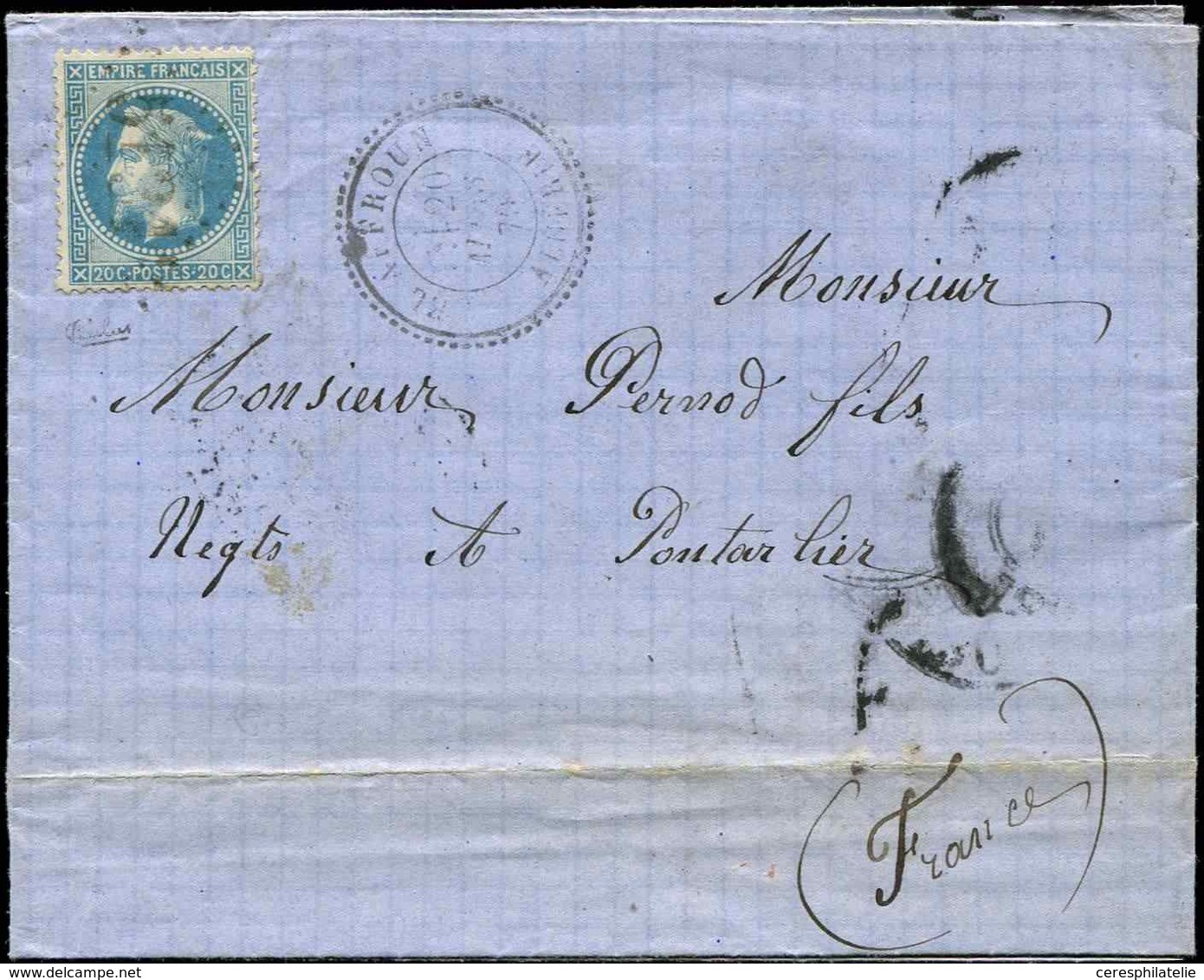 Let LETTRES ET OBLITERATIONS D'ALGERIE - N°29B 20c. Bleu, T II, Obl. GC 5131 S. LAC, Càd T24 EL AFFROUN 20/3/70, Arr. PO - 1849-1876: Classic Period