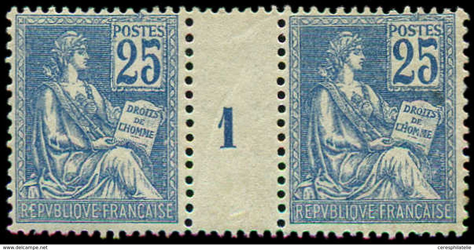 ** EMISSIONS DU XXème SIECLE - 118   Mouchon, 25c. Bleu, PAIRE Mill.1, Un Ex. *, Bon Centrage, TB, Cote Des Timbres - Unused Stamps