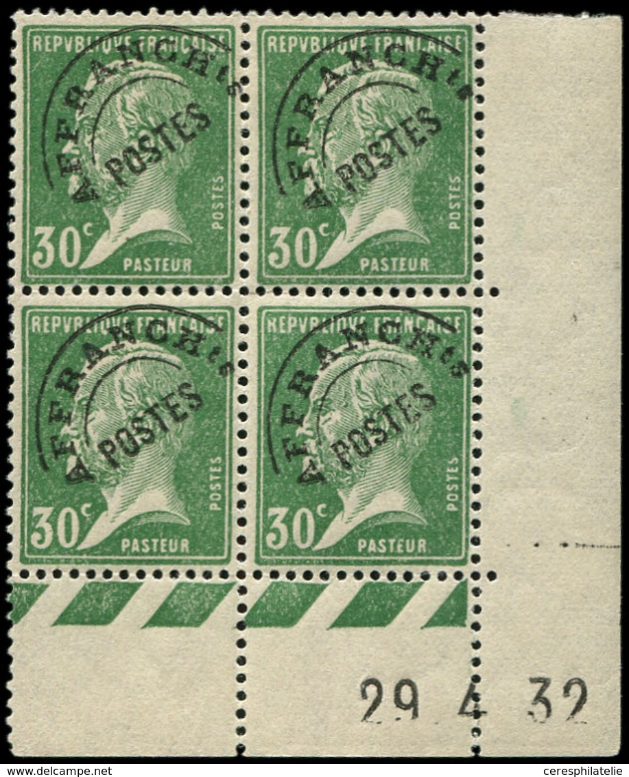 ** PREOBLITERES - 66  Pasteur, 30c. Vert, BLOC De 4 CD 29/4/32, TB - 1893-1947