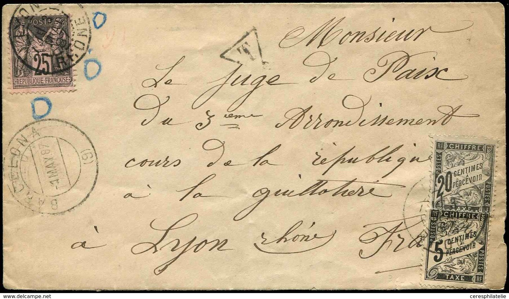 Let TAXE - 14   5c. Noir + N°17 20c. Noir + Poste N°97 25c. Obl. LYON 3/5/87 S. Env., Càd BARCELONA 1/5/87, Utilisation  - 1859-1959 Covers & Documents
