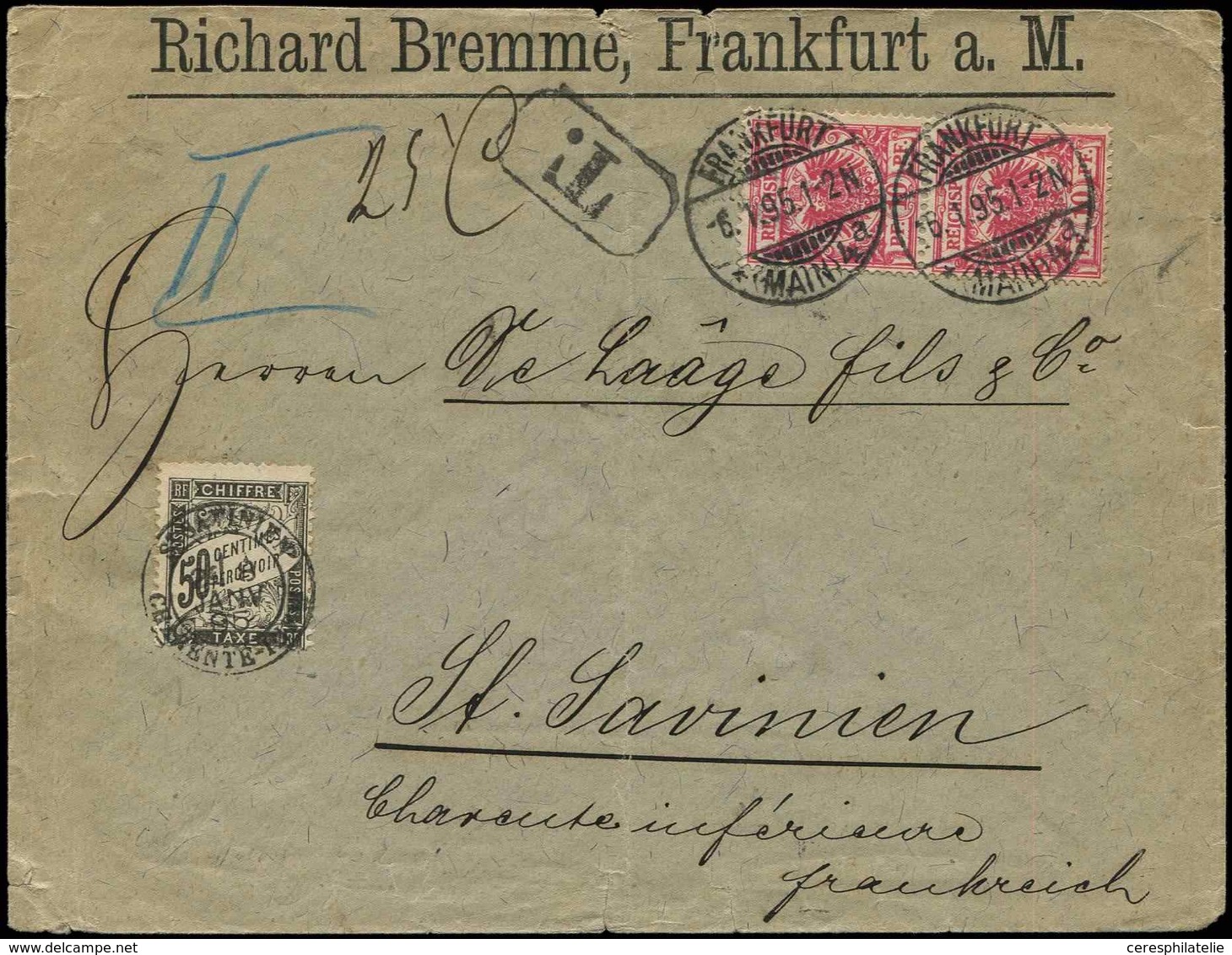 Let TAXE - 20  50c. Noir, Obl. Càd St SAVINIEN 8/1/95 S. Env. Affr. 10pf. Rouge D'ALLEMAGNE Obl. FRANKFURT 6/1, TB - 1859-1959 Covers & Documents