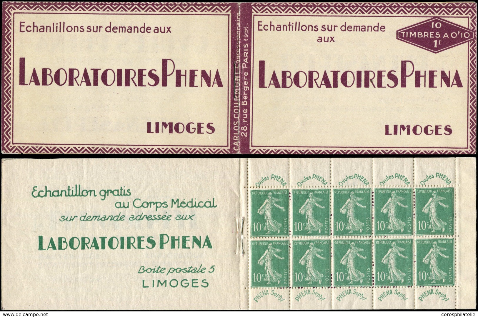 CARNETS (N°Cérès Jusqu'en1964) - 6    Semeuse Chiffres Maigres, 10c. Vert, N°188, PHENA, Bon Centrage, TB - Other & Unclassified