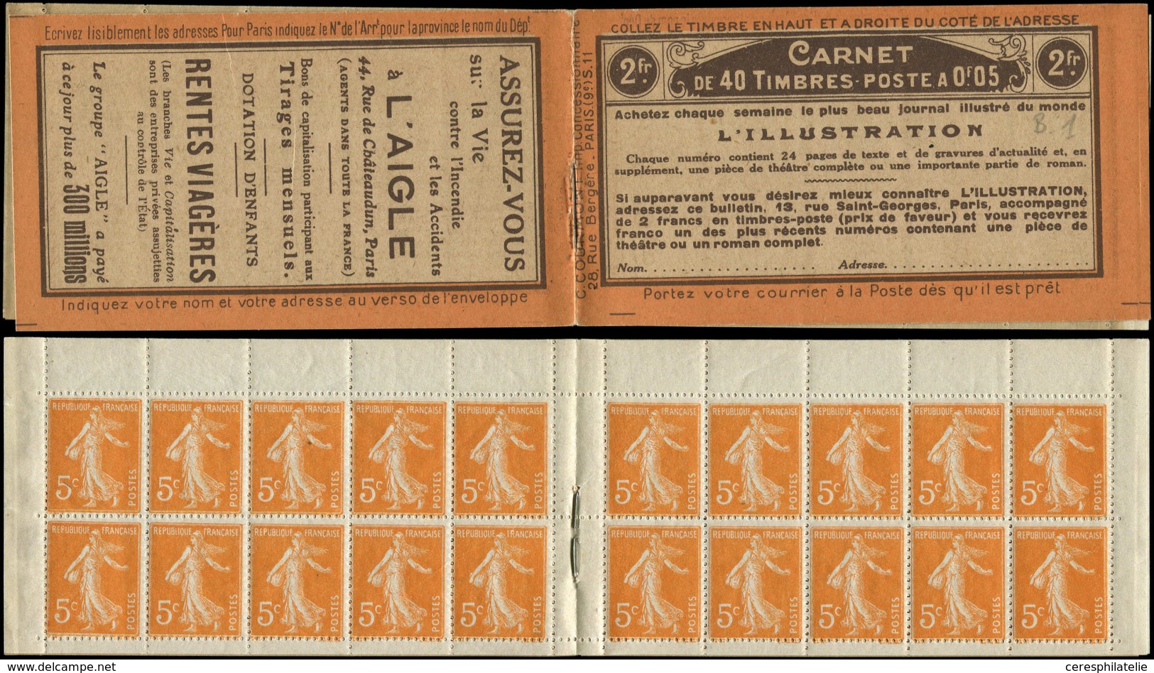 CARNETS (N°Cérès Jusqu'en1964) - 18   Semeuse Camée,  5c. Orange, N°158A, T IIA, S. 11, L'ILLUSTRATION/L'AIGLE, TB - Altri & Non Classificati