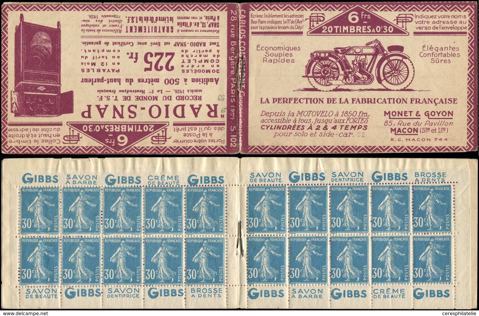 CARNETS (N°Cérès Jusqu'en1964) - 53   Semeuse Camée, 30c. Bleu, N°192A, T IIB, S. 102 N-B, RADIO SNAP, Haut De Feuille, - Other & Unclassified