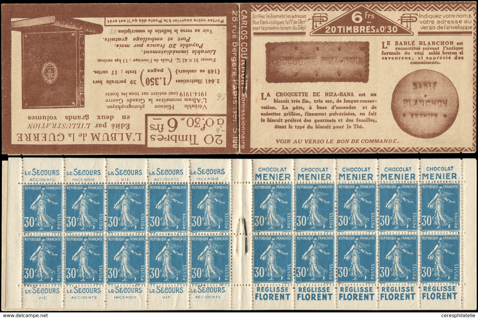 CARNETS (N°Cérès Jusqu'en1964) - 56   Semeuse Camée, 30c. Bleu, N°192A, T IIB, S. 100 A, L'ALBUM De La GUERRE/BLANCHON, - Other & Unclassified