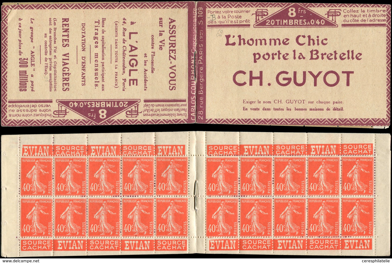 CARNETS (N°Cérès Jusqu'en1964) - 62   Semeuse Camée, 40c. Vermillon, N°194A, T I, S. 109 B, CH. GUYOT/L'AIGLE, C4 Petit - Other & Unclassified