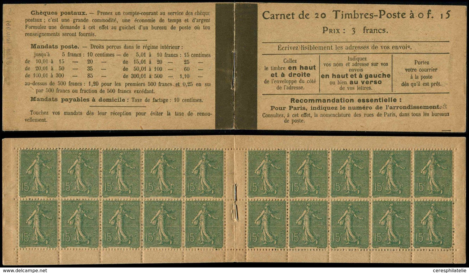 CARNETS (N°Cérès Jusqu'en1964) - 70   Semeuse Lignée, 15c. Vert-olive, N°130D, T V, Fraîcheur Postale, Rare Et TB - Other & Unclassified