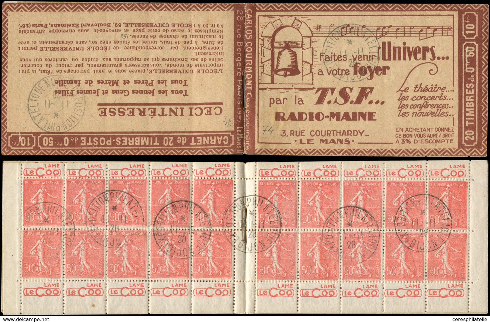 CARNETS (N°Cérès Jusqu'en1964) - 74   Semeuse Lignée, 50c. Rouge, N°199A, T I, S. Le Mans II, TSF, Obl. Càd EXPO PHILATE - Altri & Non Classificati