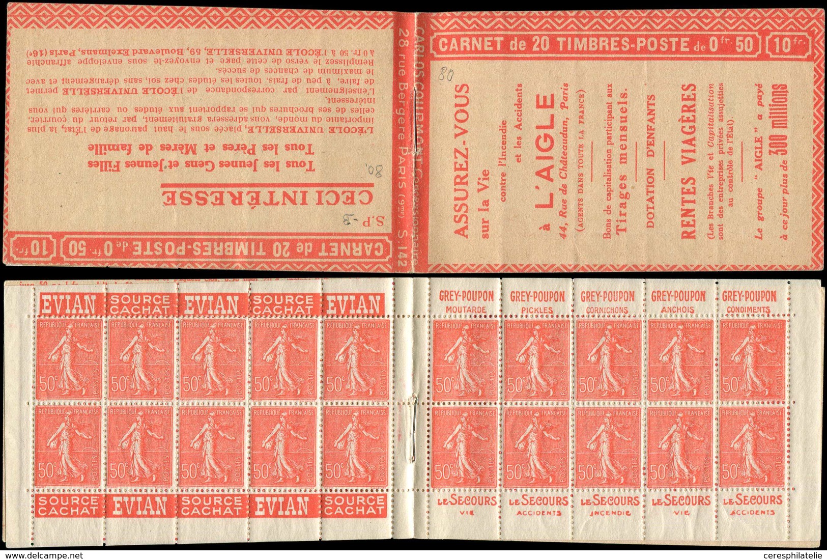 CARNETS (N°Cérès Jusqu'en1964) - 80   Semeuse Lignée, 50c. Rouge, N°199A, T I, S. 142 SP-B, L'AIGLE, Infimes Décalques D - Other & Unclassified