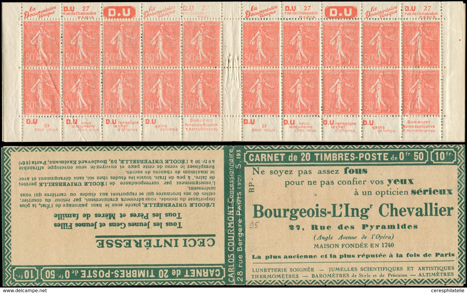 CARNETS (N°Cérès Jusqu'en1964) - 94   Semeuse Lignée, 50c. Rouge, N°199B, T IIB, S. 193-RP, BOURGEOIS-L'INGr CHEVALLIER, - Altri & Non Classificati