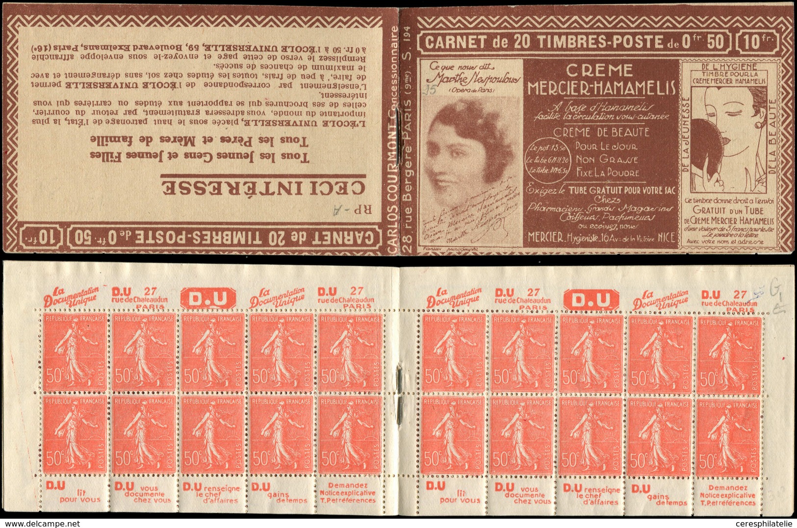 CARNETS (N°Cérès Jusqu'en1964) - 95   Semeuse Lignée, 50c. Rouge, N°199B, T IIB, S. 194 RP-A, MERCIER HAMAMELIS, Haut De - Altri & Non Classificati