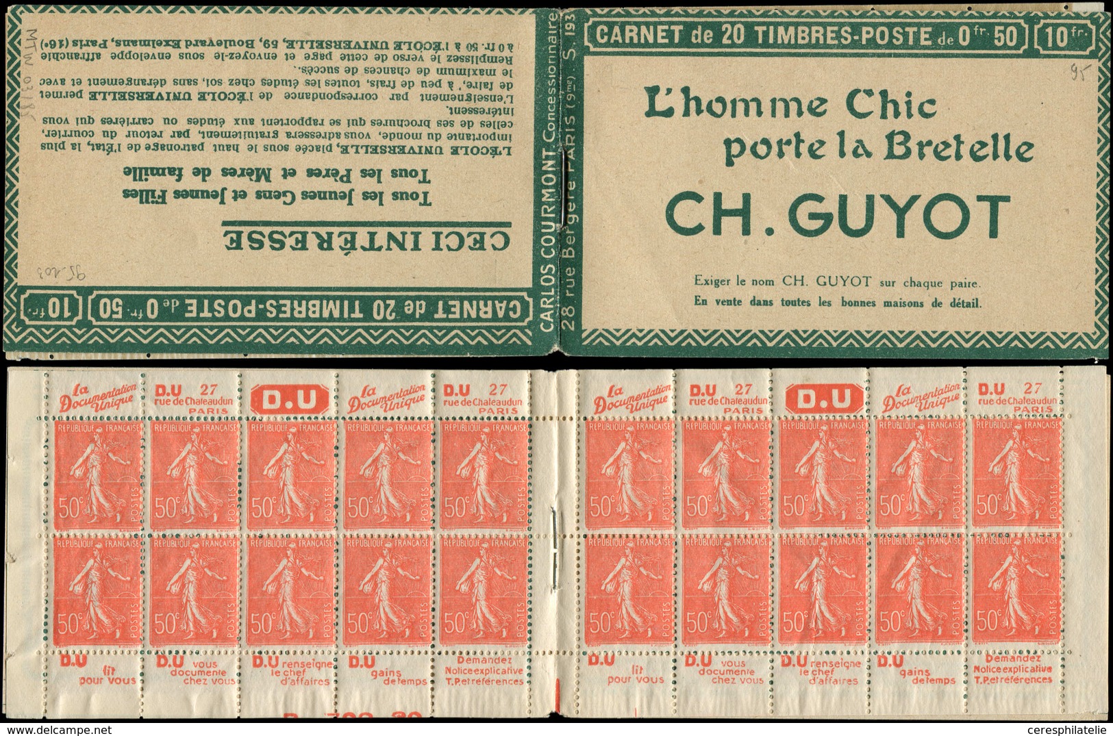 CARNETS (N°Cérès Jusqu'en1964) - 95   Semeuse Lignée, 50c. Rouge, N°199B, T IIB, S. 193, CH. GUYOT, Bas Daté, TB - Other & Unclassified