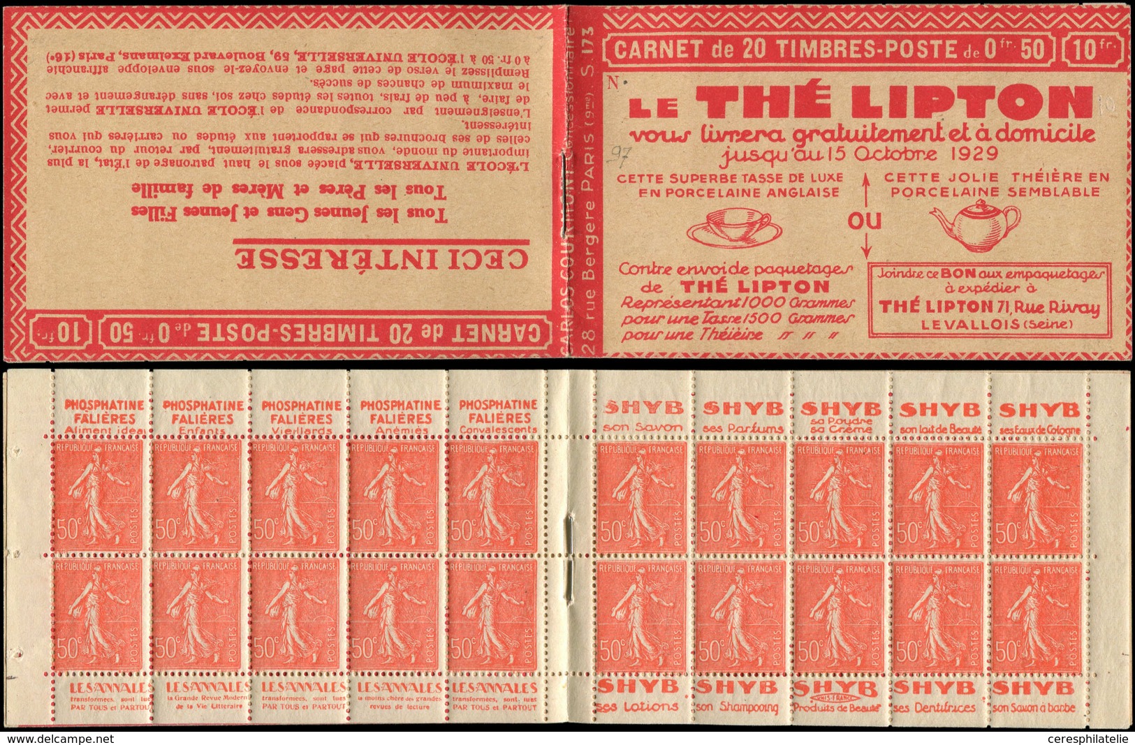 CARNETS (N°Cérès Jusqu'en1964) - 96   Semeuse Lignée, 50c. Rouge, N°199B, T IIB, S. 173-N, THE LIPTON, Fraicheur Postale - Other & Unclassified