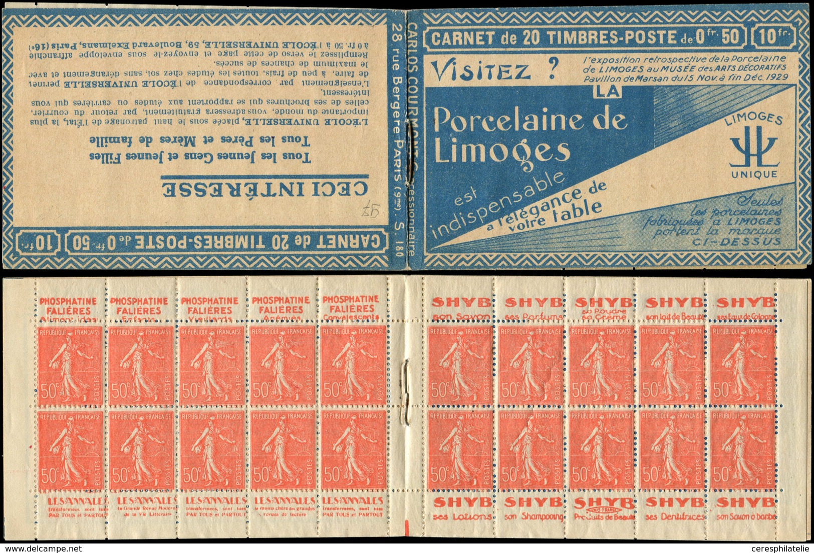 CARNETS (N°Cérès Jusqu'en1964) - 96   Semeuse Lignée, 50c. Rouge, N°199B, T IIB, S. 180, PORCELAINE De LIMOGES, Un Ex. G - Other & Unclassified