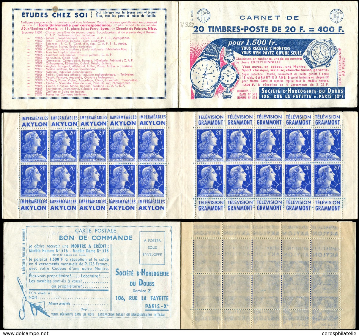 CARNETS (N°Cérès Jusqu'en1964) - 322  Muller, 20f. Bleu, N°1011B, T I, S. 12-58, HORLOGERIE DU DOUBS, RECTO-VERSO Décalé - Autres & Non Classés