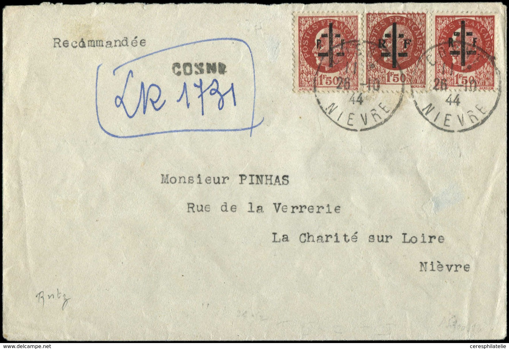 Let TIMBRES DE LIBERATION - LA CHARITE SUR LOIRE 29 : 1f50 Brun-rouge T II, 2 Ex. + N°11 T I, Obl. COSNE 26/10/44 Sur En - Liberation