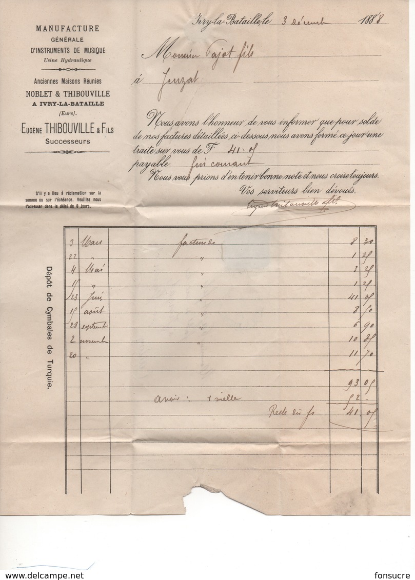 TH4 Lettre Facture Eugène THIBOUVILLE & Fils Manufacture D'instruments De Musique Sage 15c Paris Convoyeur Ligne - 1800 – 1899