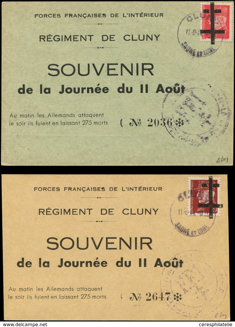 Let TIMBRES DE LIBERATION - CLUNY 1/2 : 1f. Rouge Et 1f20 Brun-rouge, Obl. Sur CP, TB - Liberazione