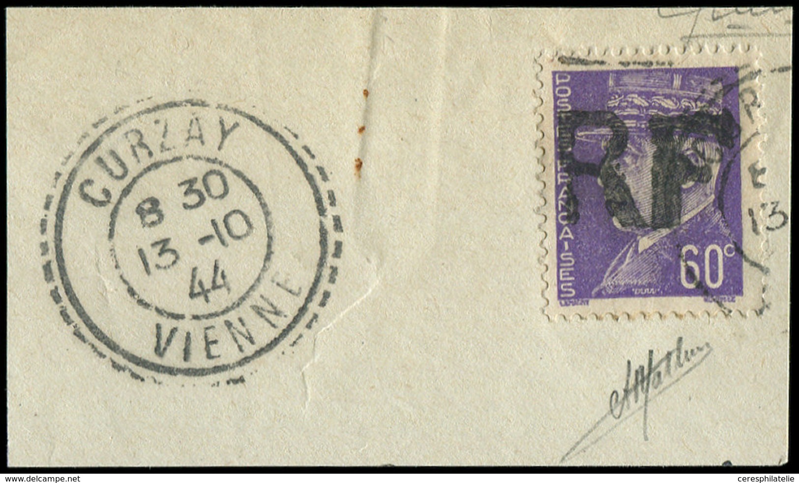 TIMBRES DE LIBERATION - CURZAY 1 : 60c. Violet Obl. 13/10/44 Sur Fragment, TB - Liberation