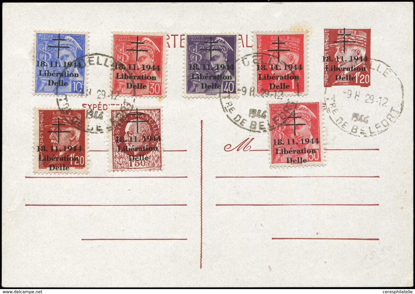 Let TIMBRES DE LIBERATION - DELLE 29E : CP Entier 1f20 Brun-rouge, Affr. N°1, 2(2), 3 Et 7/9 Obl. Delle 29/12/44, TB - Liberation