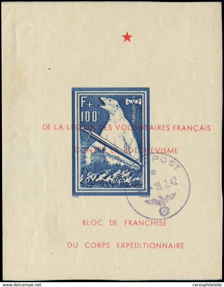Spécialités Diverses - L.V.F. 1 : BF Ours, NON DENTELE, Impression Rouge Très Décalée (étoile Rouge En Haut Du Bloc), Ob - War Stamps