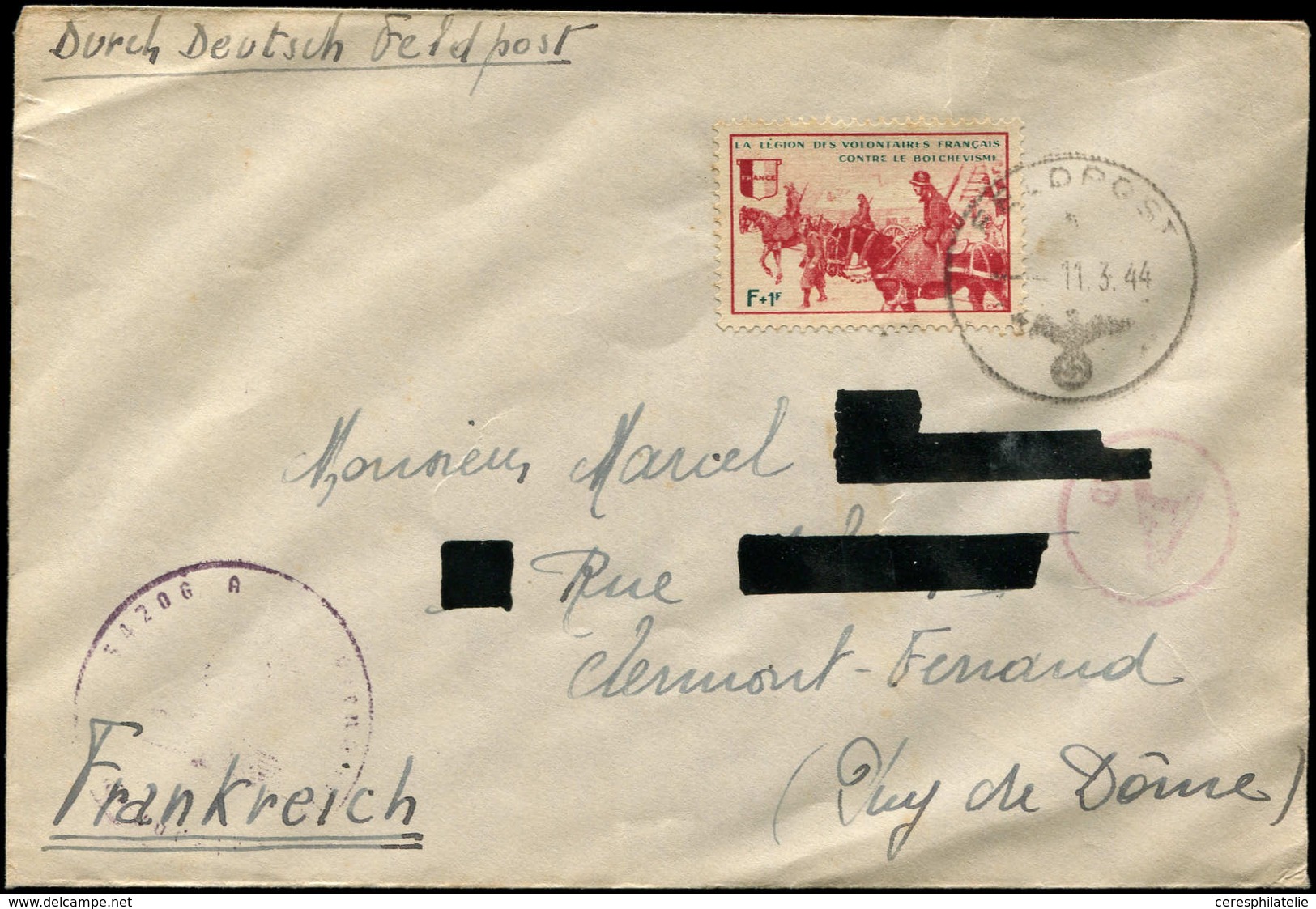 Let Spécialités Diverses - L.V.F. 6 : F + 1f. Rouge Obl. FELDPOST 11/3/44 Sur Env., Cachet Aigle 34206A, TB - War Stamps