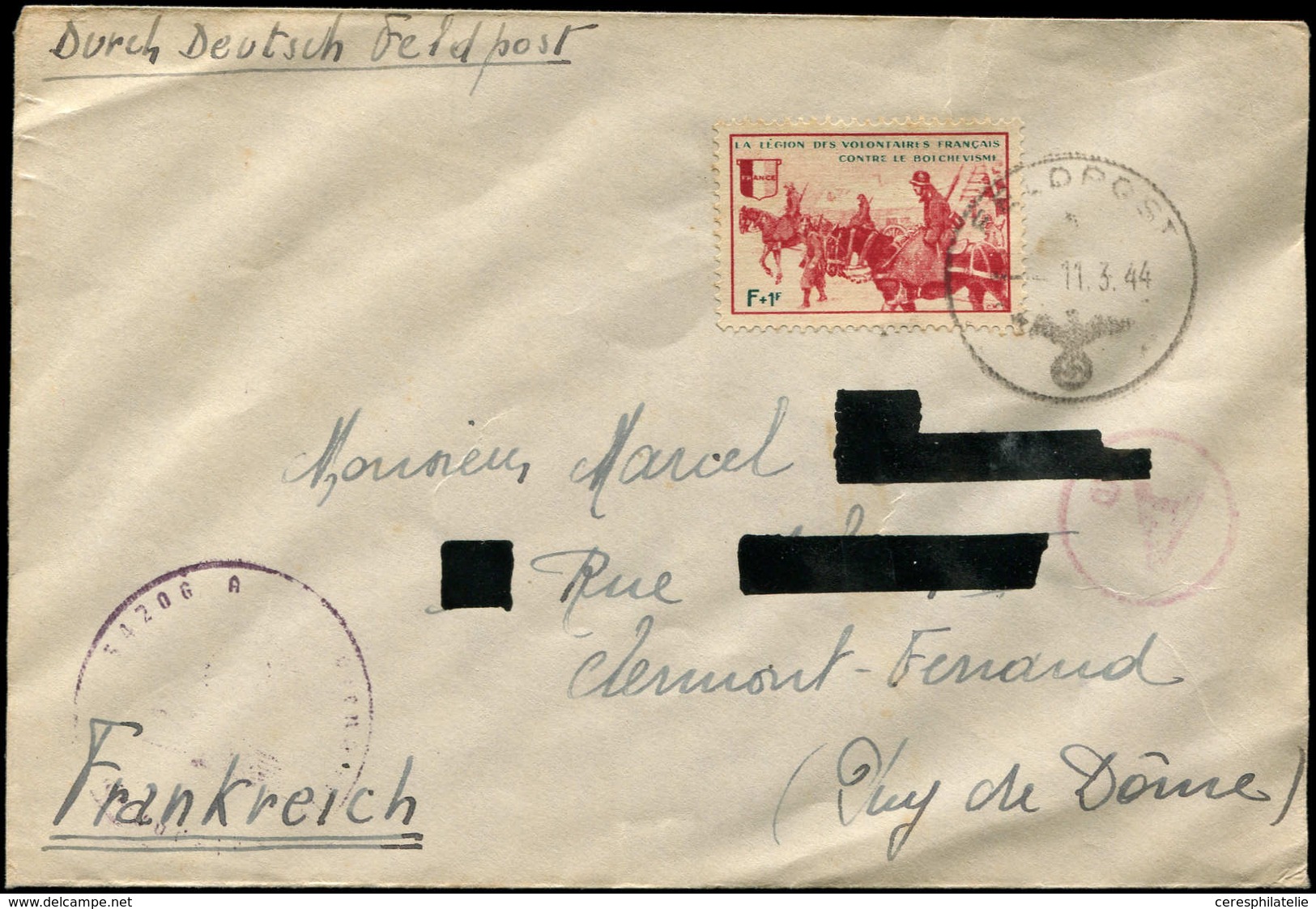 Let Spécialités Diverses - L.V.F. 6 : F + 1f. Rouge Obl. FELDPOST 11/3/44 Sur Env., Cachet Aigle 34206A, TB - Guerre (timbres De)