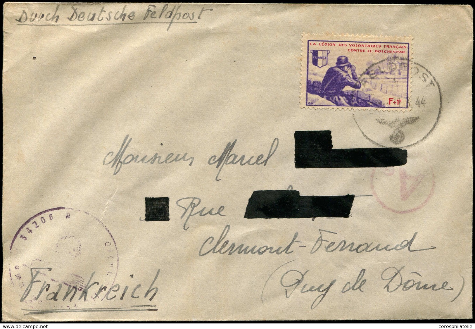 Let Spécialités Diverses - L.V.F. 10 : F + 1f. Violet Obl. FELDPOST 13/11/44 Sur Env., Cachet Aigle 34206A, TB - War Stamps