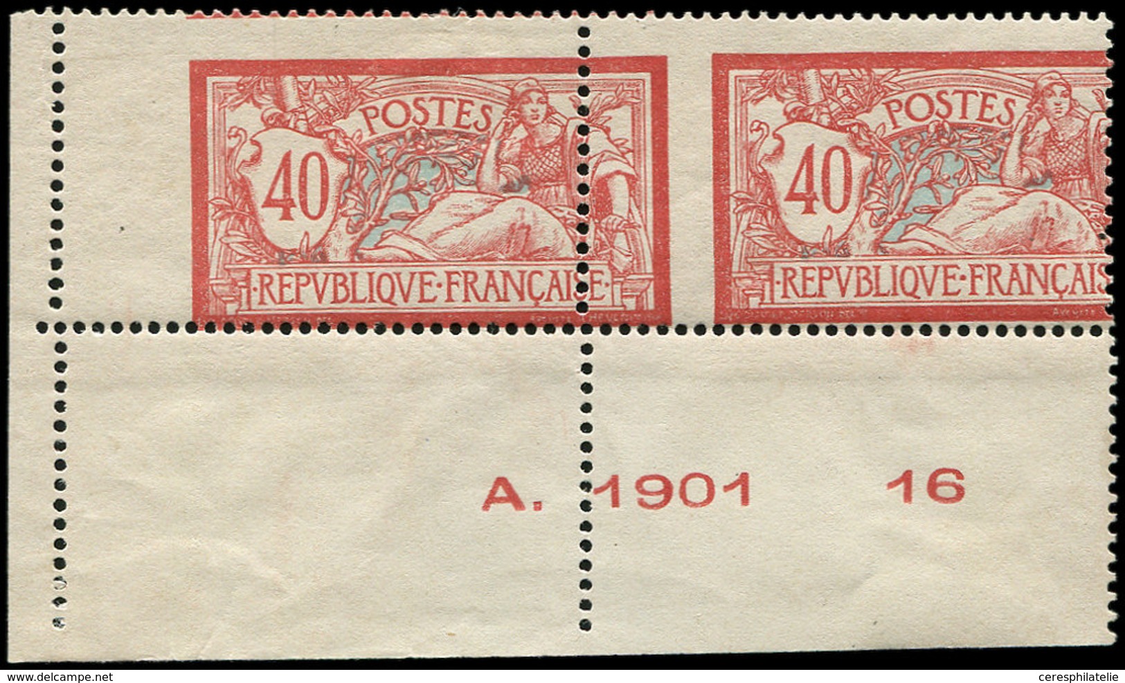 ** VARIETES - 119   Merson, 40c. Rouge Et Bleu, PIQUAGE à CHEVAL, PAIRE Petit Cdf N°A.1901 16, Un Ex. *, TB - Unused Stamps