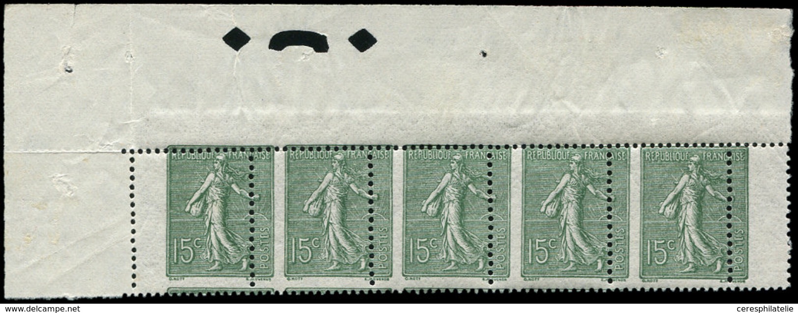 ** VARIETES - 130   Semeuse Lignée, 15c. Vert-gris, PIQUAGE à CHEVAL, BANDE De 5 Cdf, TB - Neufs