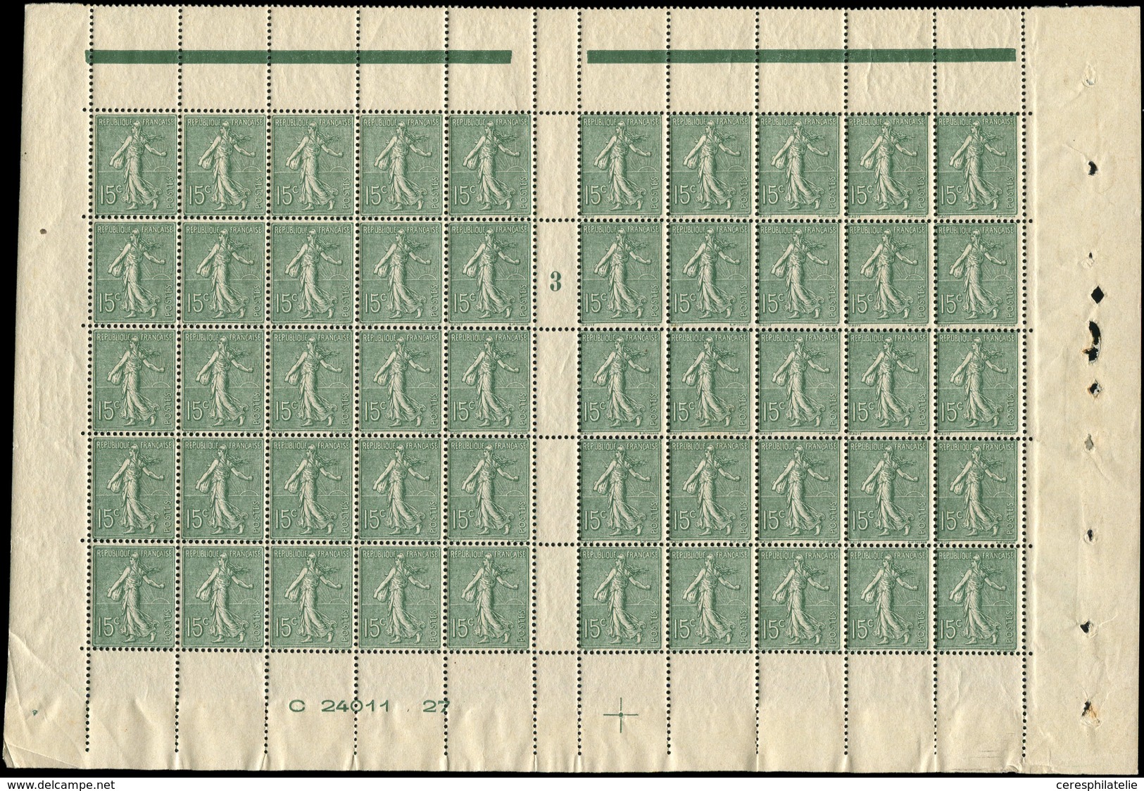 ** VARIETES - 130h  Semeuse Lignée, 15c. Vert Gris, T I, RECTO-VERSO, BLOC De 50 Mill.3 Bas De Feuille N°C24011.27, TTB - Unused Stamps