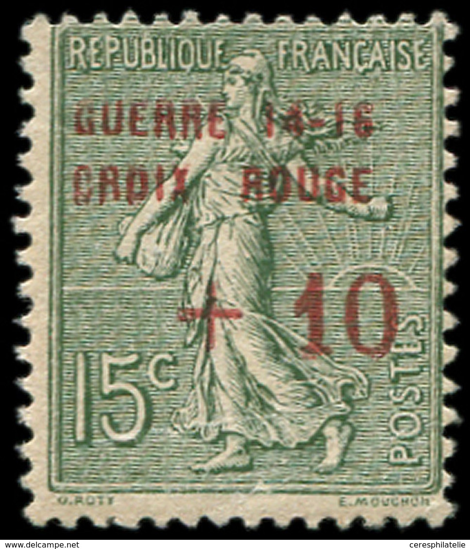 * VARIETES - 130   Semeuse Lignée, 15c. Vert-gris, Surch. Rouge GUERRE 14-16/CROIX ROUGE, TB, Cote Maury - Unused Stamps