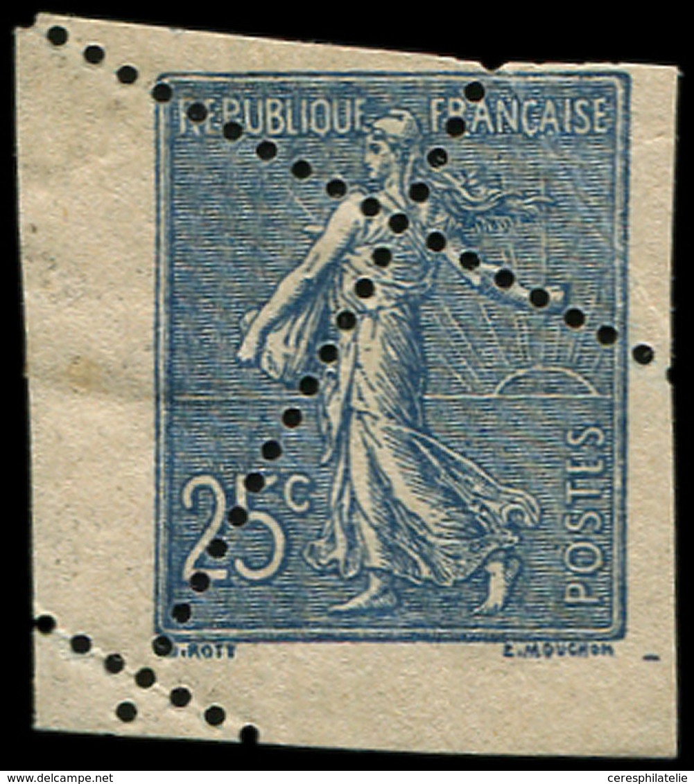 * VARIETES - 132   Semeuse Lignée, 25c. Bleu, PIQUAGE En CROIX, Petit Cdf, TB - Neufs